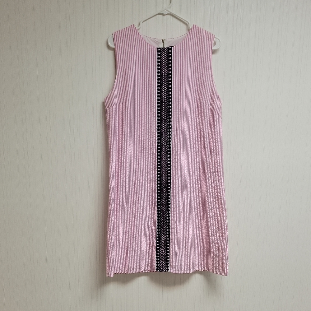Duffield Lane | Pink Striped Midi Dress with Navy Lace Accent | Large